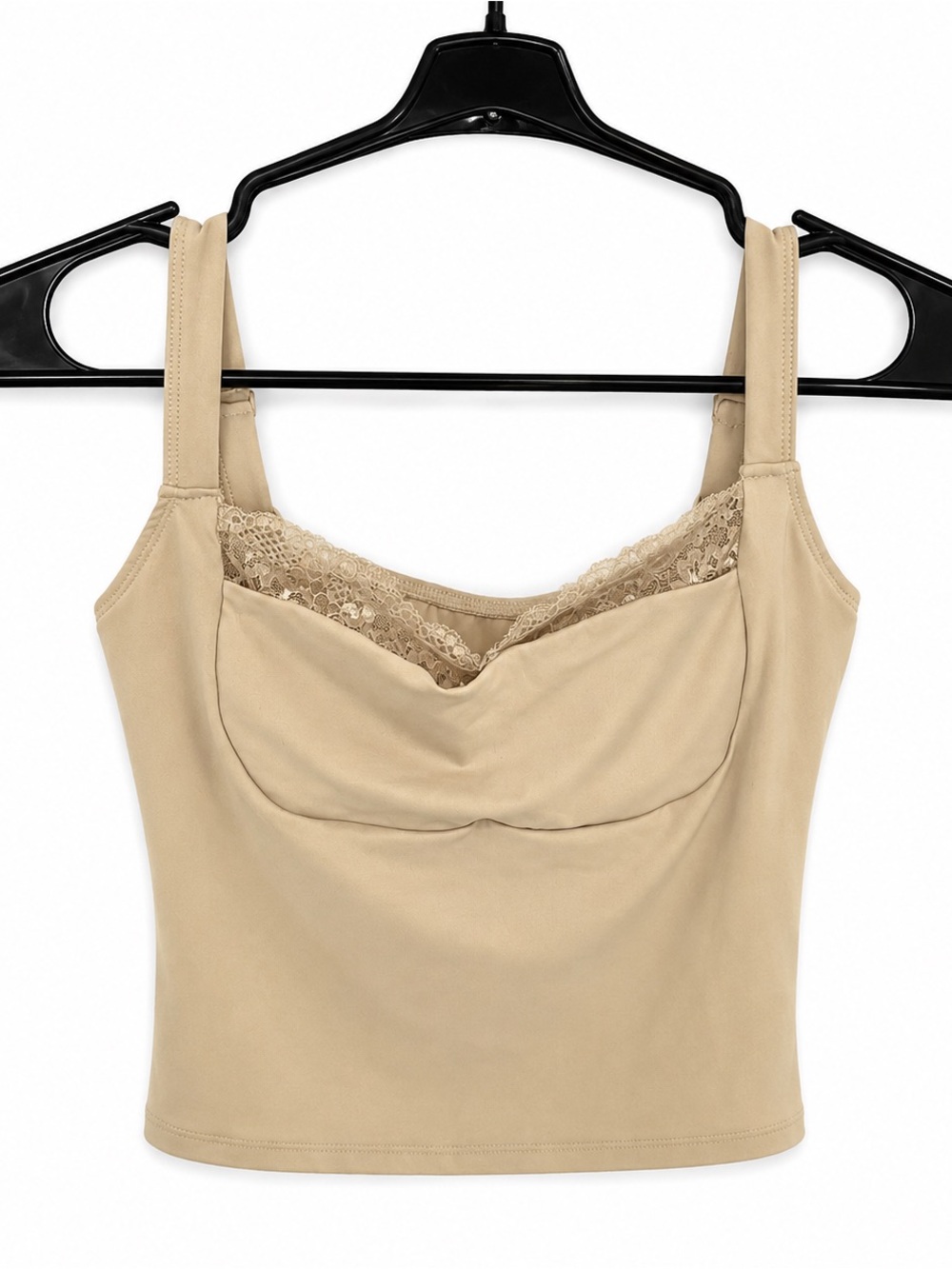 WDIRARA Beige Lace Trim Cowl Neck Crop Cami Tank Top Size S